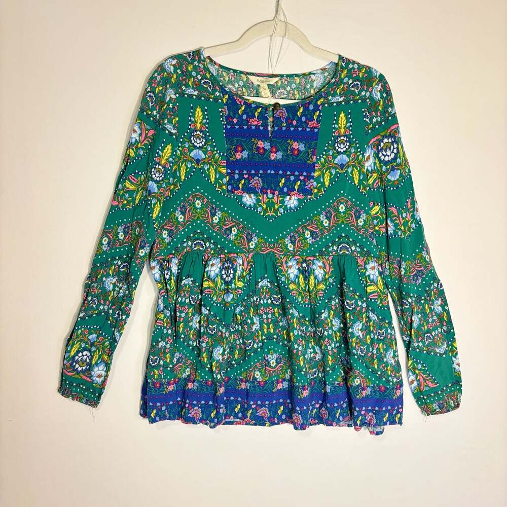 Matilda Jane Evergreen Babydoll Top Women M Green Floral Long Sleeve Pleated Blo